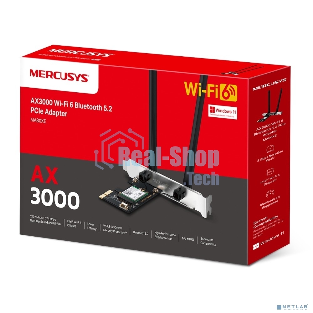 Сетевой адаптер Wi-Fi + Bluetooth Mercusys MA80XE AX3000 PCI Express (ант.внеш.несъем.) 2ант.