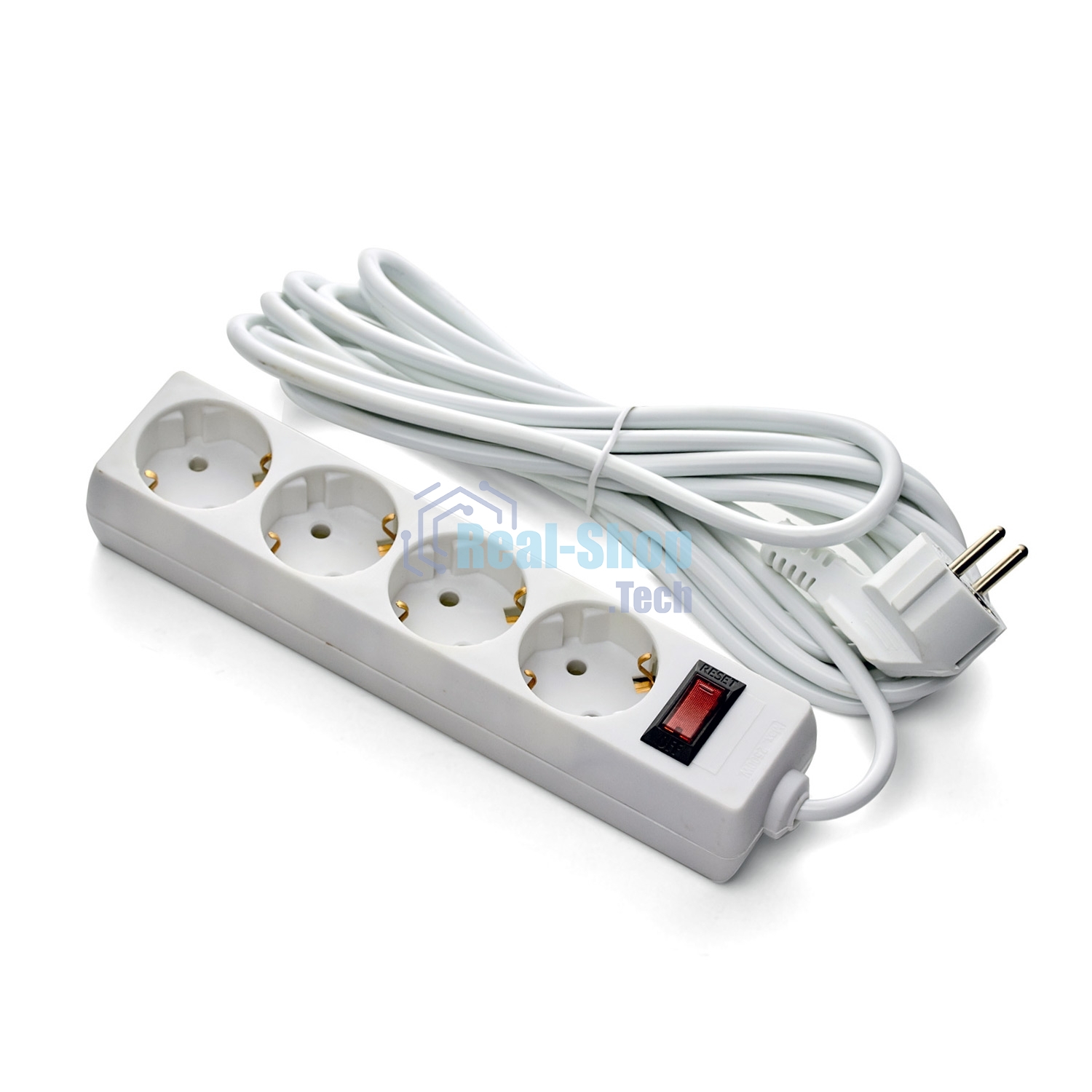 Удлинитель ExeGate EC-4-5W (EX279401RUS), белый, 5 м, евровилка с заземлением, 4 евророзетки с заземлением, 2200 Вт