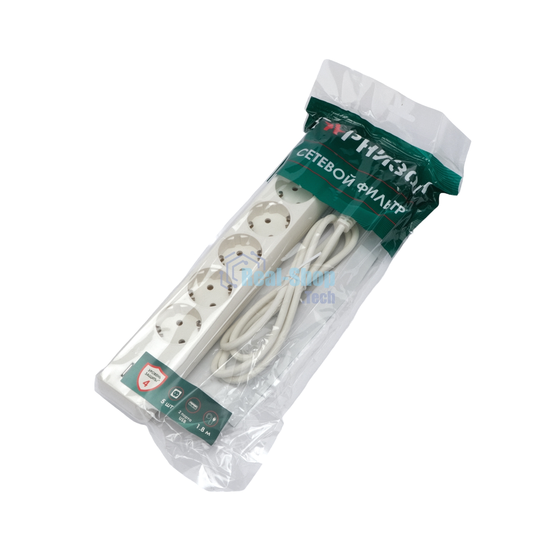 Сетевой фильтр Гарнизон 5 р, 10А, 2xUSB, 1.8 м, ур.защиты 4, белый, пакет