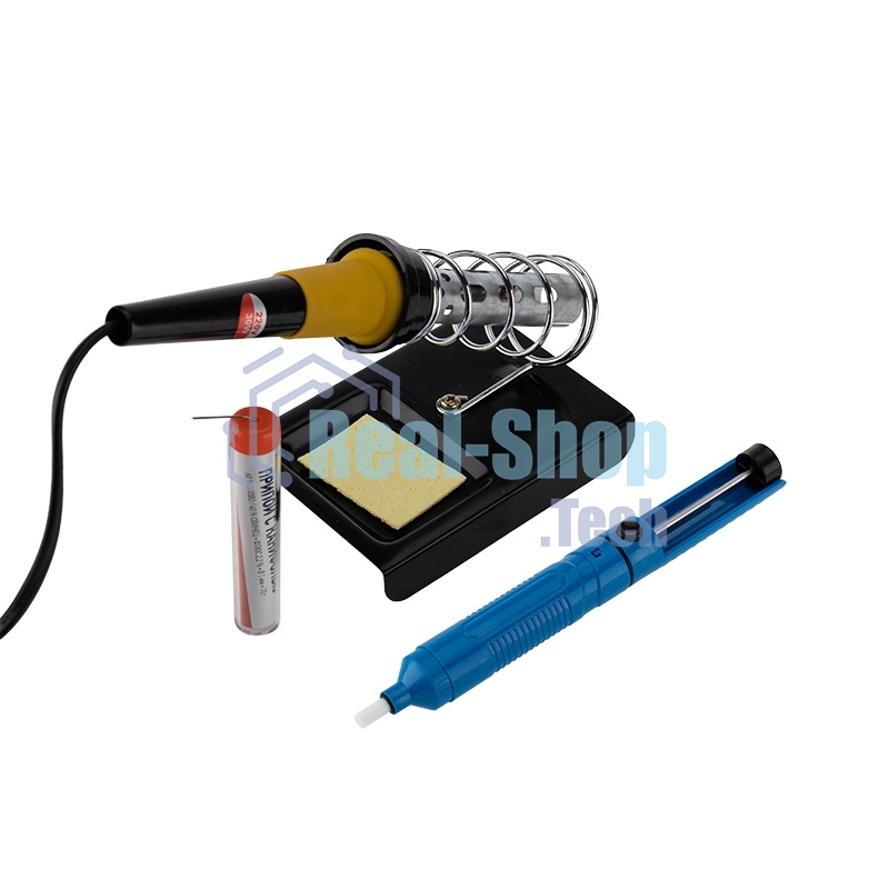 Набор для пайки Rexant №4 (паяльник 30 Вт, оловоотсос, подставка, припой, губка)