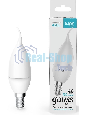 Лампа светодиодная Gauss Basic 1034116 5.5Вт цок.: E14 свеча 180B 3000K св. свеч. белый. теп. (упак.: 10 шт)