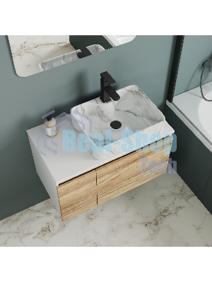 Комплект: тумба Bau Dream Blackwood 80, раковина прямоугольная BAU Cerama 48х37, мрамор, смеситель Hotel Black, черный матовый, выпуск клик клак черный