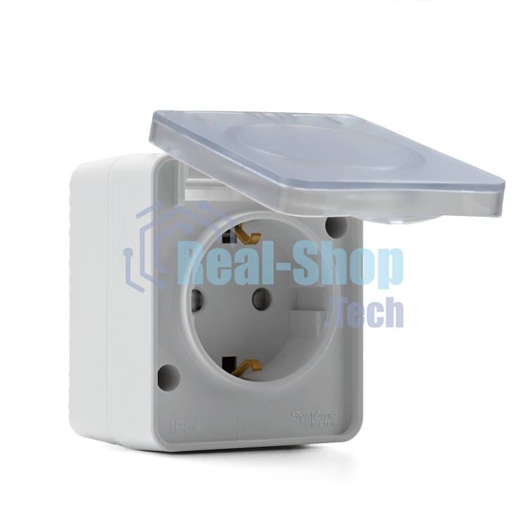 Розетка 1-м ОП AtlasDesign Profi54 16А IP54 250В с заземл. защ. шторки белый SchE ATN540145