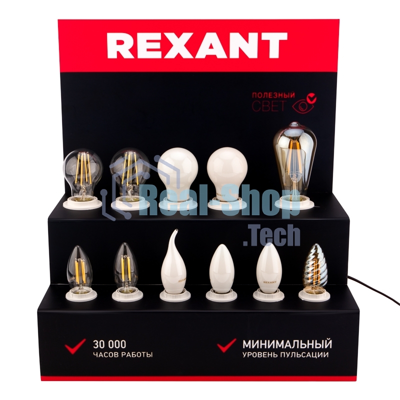 Демо-тестер Rexant акриловый для ФИЛАМЕНТА (AC 220V с шнуром питания 1.2 метра, с выключателем на корпусе, цоколи E14 x 6 шт.)