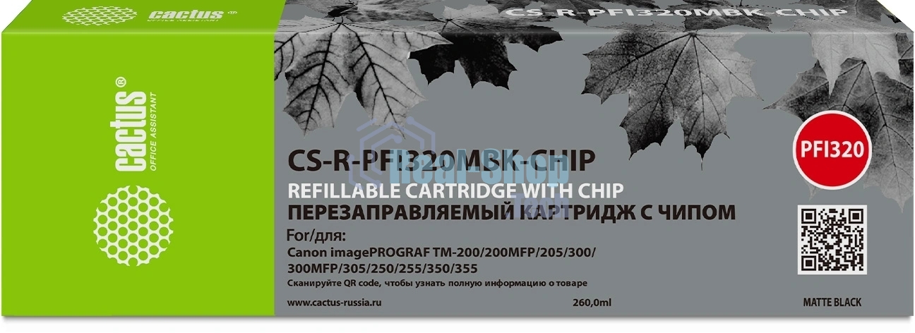 Картридж перезаправляемый струйный Cactus CS-R-PFI320MBK-CHIP PFI-320 черный матовый (260мл) для Canon imagePROGRAF TM-200/200MFP/205/300/300MFP/305/250/255/350/355 с чипом