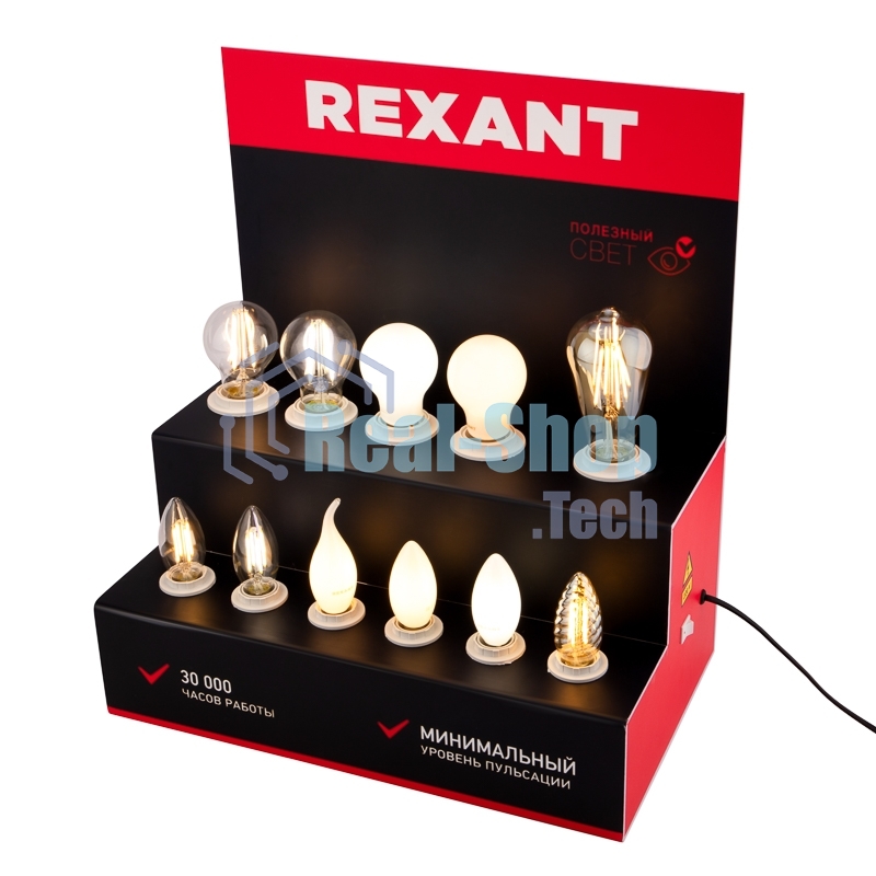 Демо-тестер Rexant акриловый для ФИЛАМЕНТА (AC 220V с шнуром питания 1.2 метра, с выключателем на корпусе, цоколи E14 x 6 шт.)