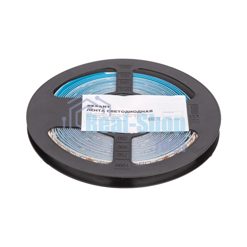 Лента светодиодная Rexant 12В, SMD2835, 14,4Вт/м, 120 LED/м, 6500K, 8мм, 5м, IP20