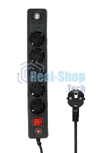 Сетевой фильтр Гарнизон 5 р, 10А, 2xUSB, 1.8 м, ур.защиты 4, черный, пакет