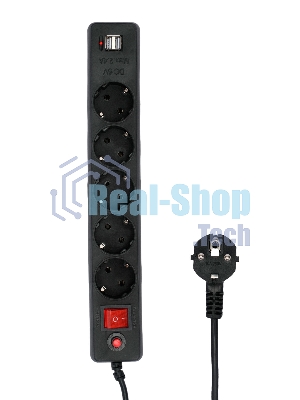 Сетевой фильтр Гарнизон 5 р, 10А, 2xUSB, 1.8 м, ур.защиты 4, черный, пакет