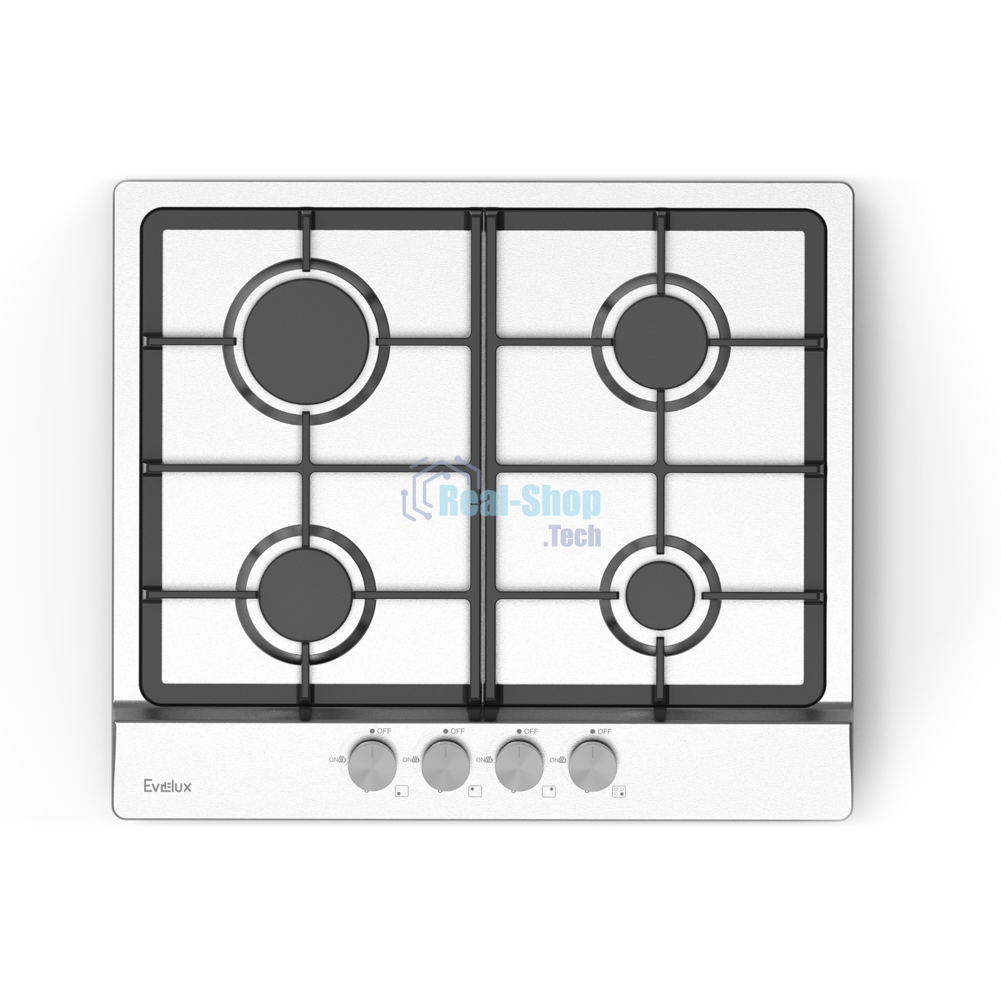 Газовая варочная панель Evelux HEG 633 X Hi-Tech, 60 см, 4 конфорки, чугунные решетки, газ-контроль, электроподжиг, механическое управление, нержавеющая сталь