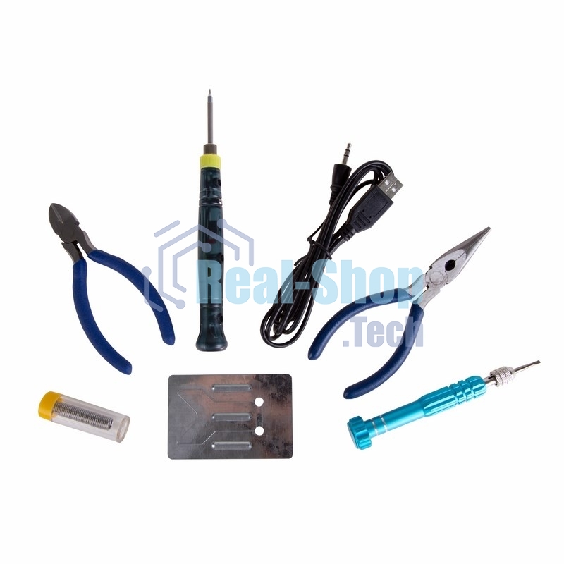 Набор для пайки Rexant (USB паяльник 8 Вт, кусачки, тонкогубцы, подставка, припой, отвертка)