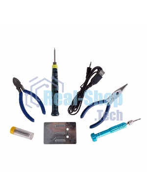 Набор для пайки Rexant (USB паяльник 8 Вт, кусачки, тонкогубцы, подставка, припой, отвертка)