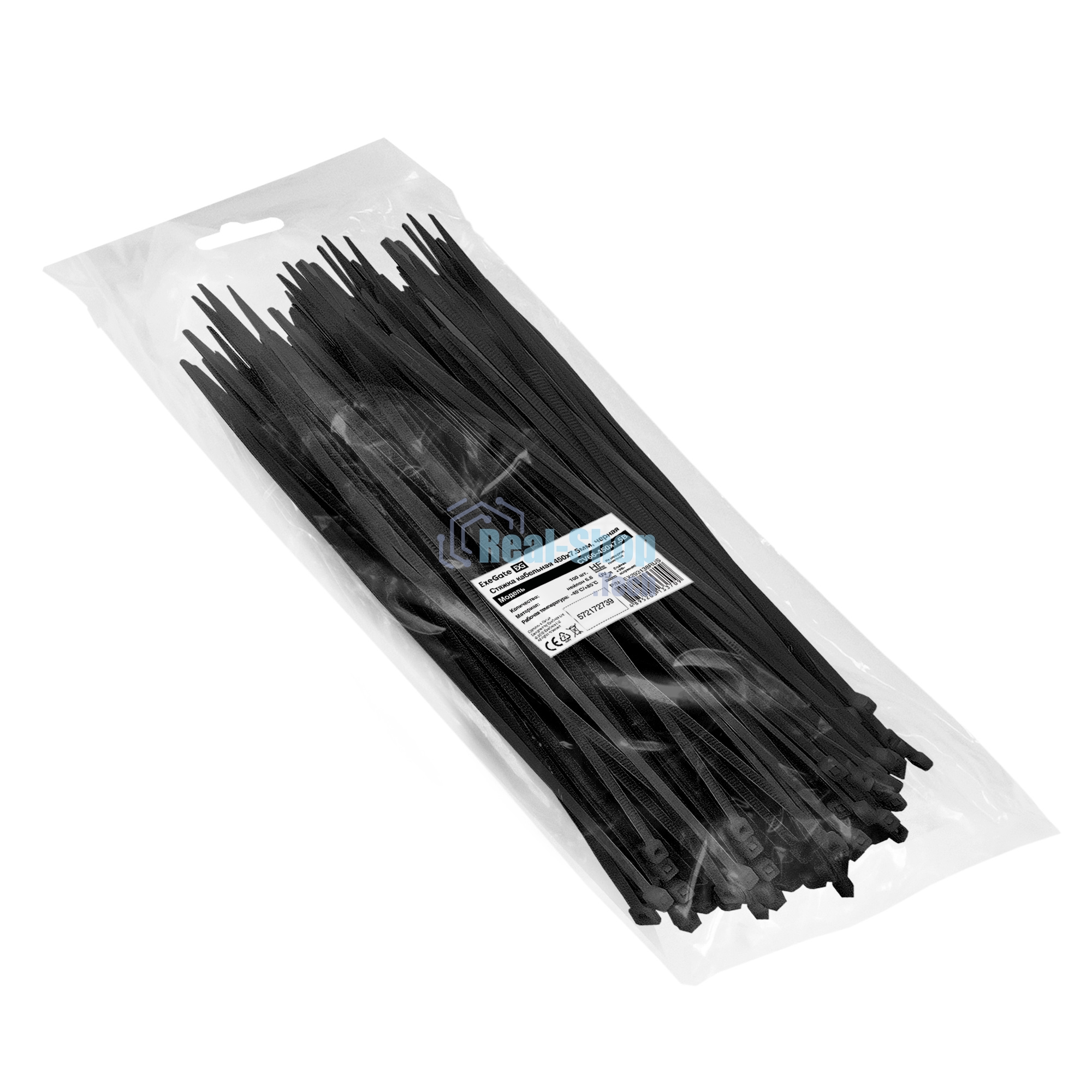 Стяжка (хомут) нейлоновая ExeGate EX293138RUS CV66-450x7.5B (нейлон 6.6, 450x7.5 мм, неоткрывающаяся, halogen free, -40°C - +85°C, черная, 100 шт)