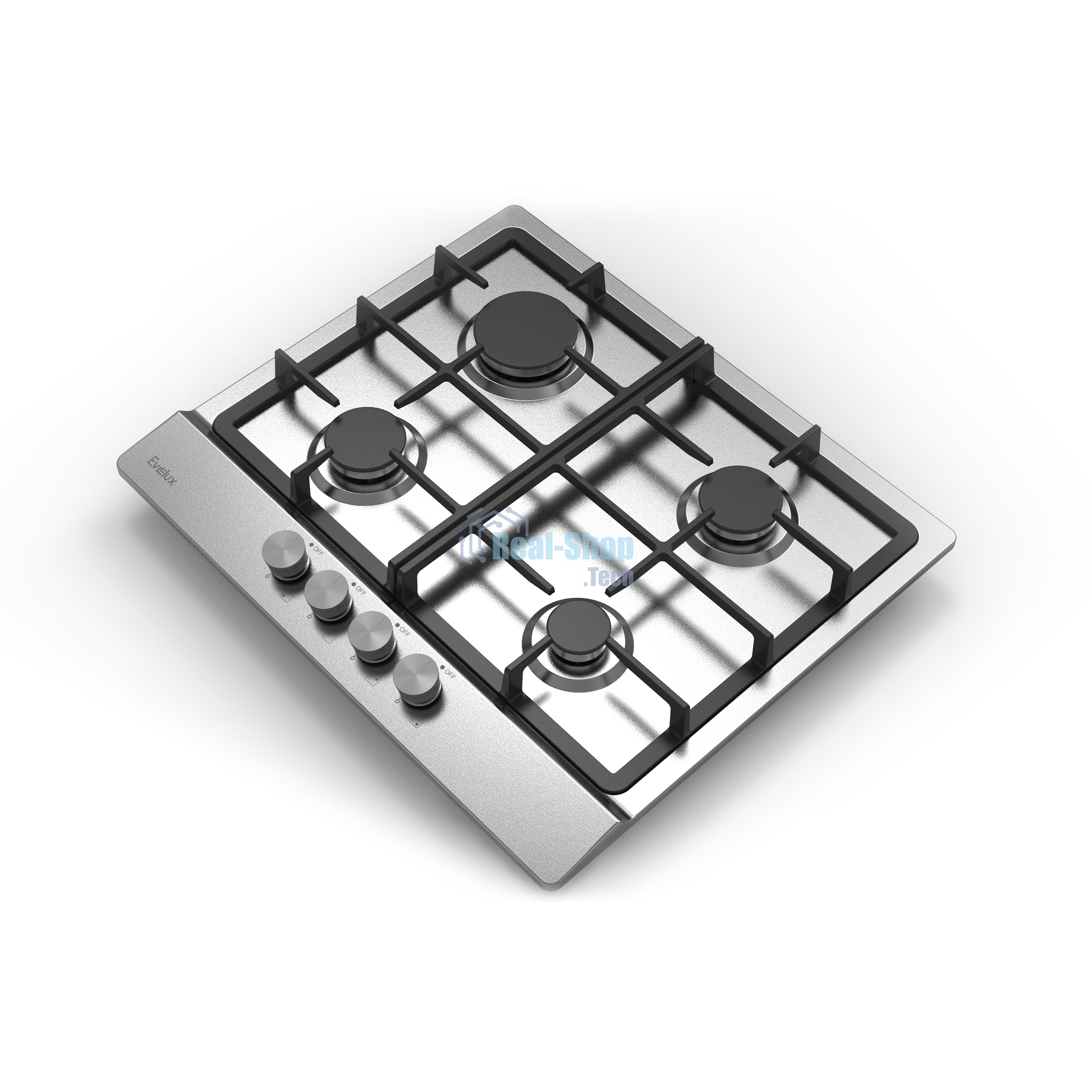 Газовая варочная панель Evelux HEG 633 X Hi-Tech, 60 см, 4 конфорки, чугунные решетки, газ-контроль, электроподжиг, механическое управление, нержавеющая сталь