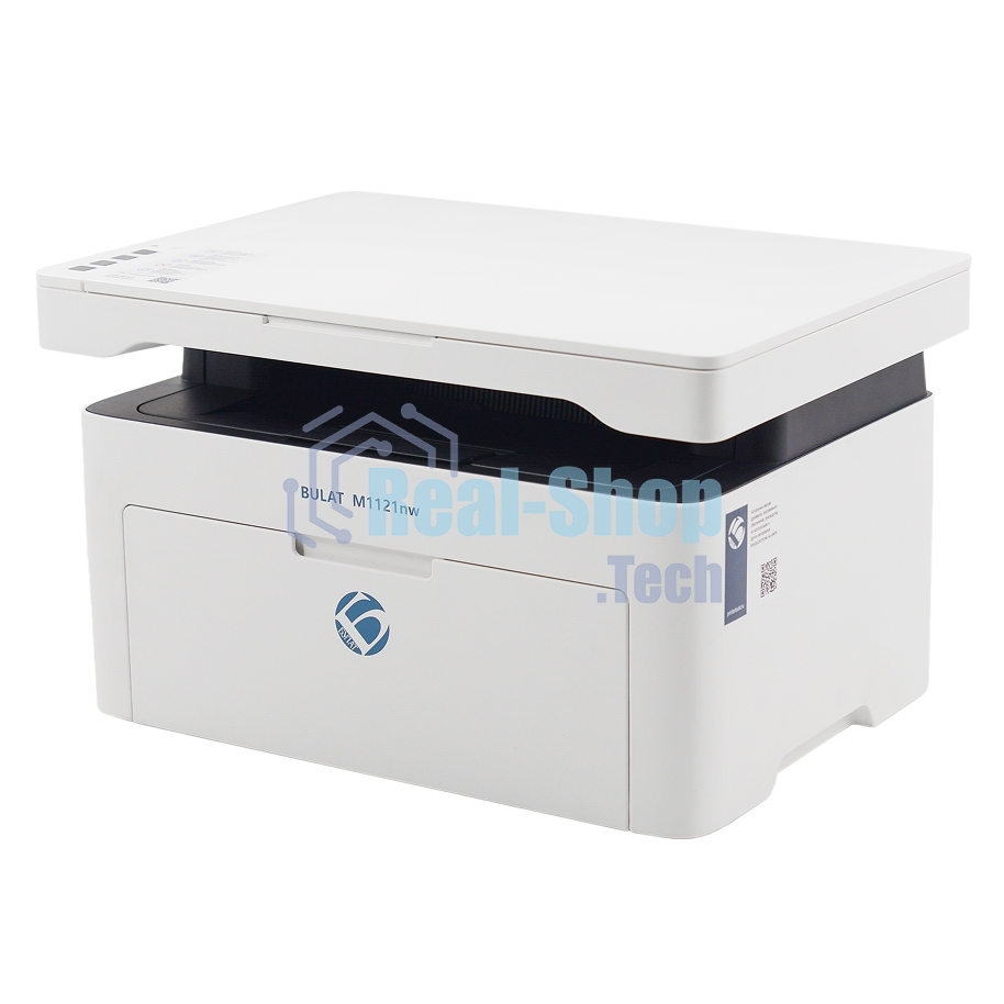 МФУ лазерное BULAT M1121nw, ((A4, лазерное МФУ, ч/б, печать/скан/копирование, 600dpi, 21ppm, 128Mb, процессор 1,2ГГц, сканирование 20 с/лист А4, копирование до 21 стр/мин, вх. лоток 150л, вых. лоток 100л, бумага 70-120г/м2, белый корпус, USB/LAN/WiFi, наг