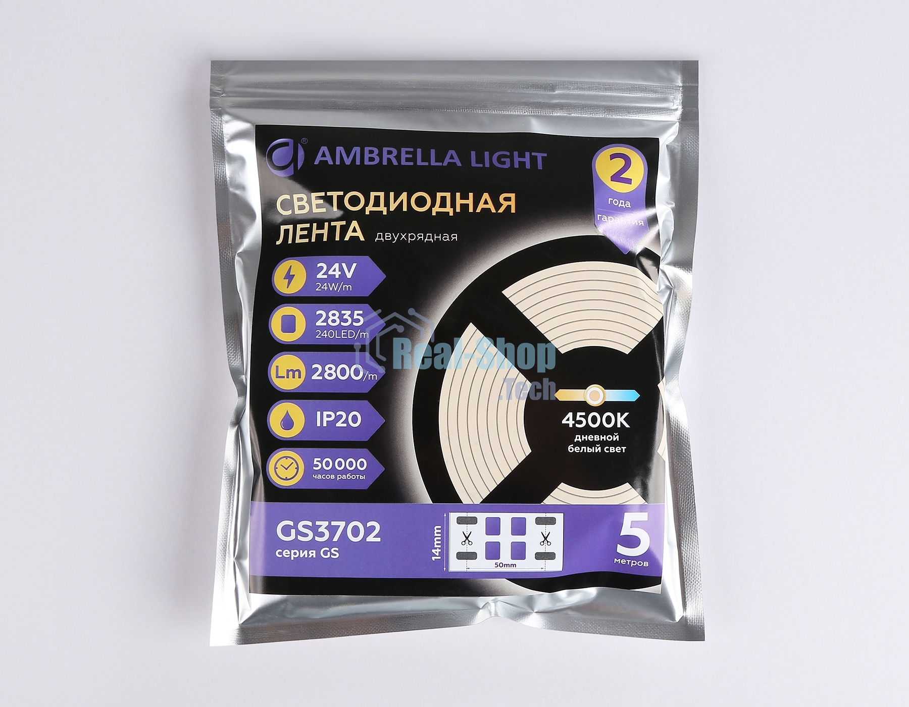 Светодиодная лента Ambrella light GS3702 2835 240Led /24W m/ 24V IP20 4500K/ 5000*14*1.2mm (2 конт.)