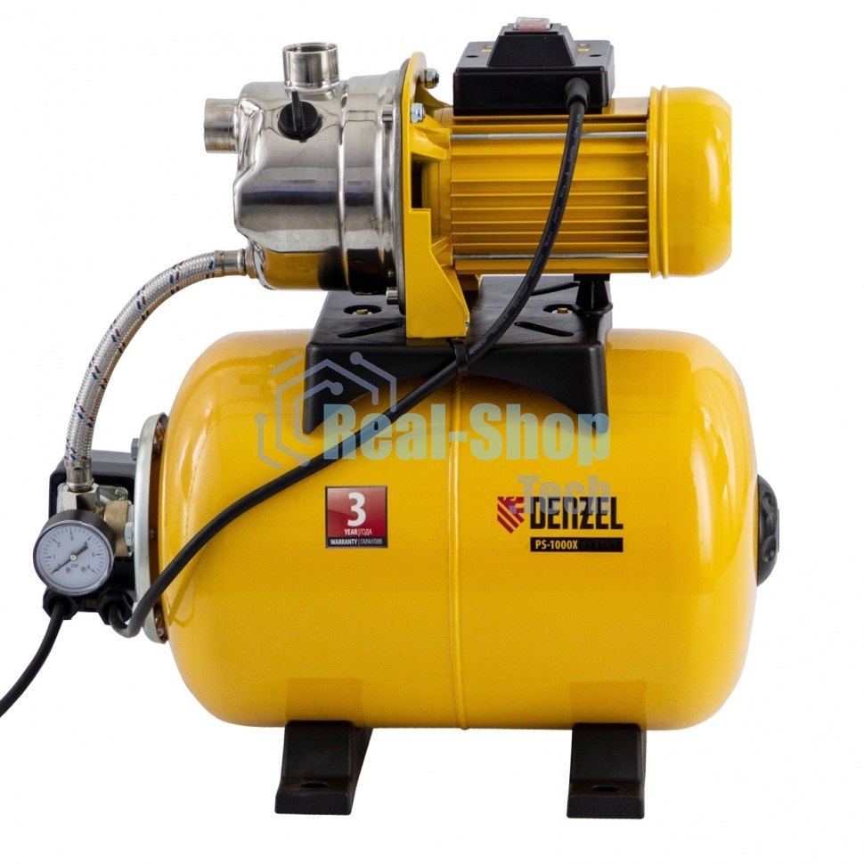 Насосная станция Denzel PS1000X, 1000 Вт, 3500 л/ч, ресивер 24 л, подъем 44 м, нержавейка