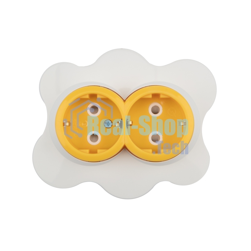 Розетка двойная Kranz HAPPY Яичница скрытой установки, с заземлением и защитными шторками, желтая/белая