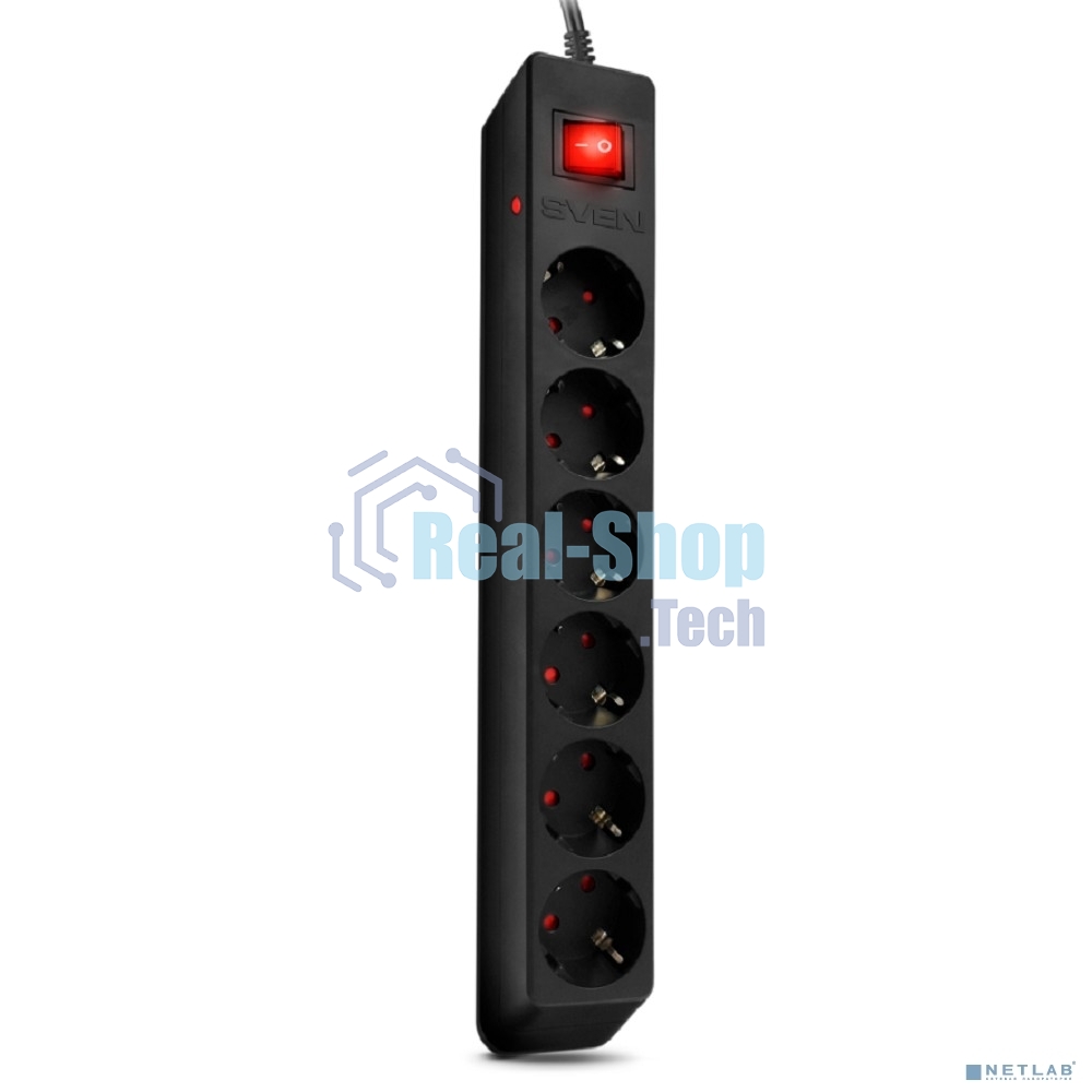 Сетевой фильтр Sven Optima 5,0 м (6 розеток с защитными шторками) черный, цветная коробка