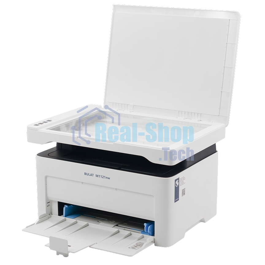 МФУ лазерное BULAT M1121nw, ((A4, лазерное МФУ, ч/б, печать/скан/копирование, 600dpi, 21ppm, 128Mb, процессор 1,2ГГц, сканирование 20 с/лист А4, копирование до 21 стр/мин, вх. лоток 150л, вых. лоток 100л, бумага 70-120г/м2, белый корпус, USB/LAN/WiFi, наг