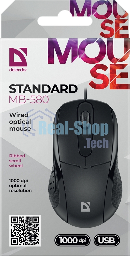Мышь проводная Defender Standard MB-580 черный, 1000 dpi, USB, кнопки - 3