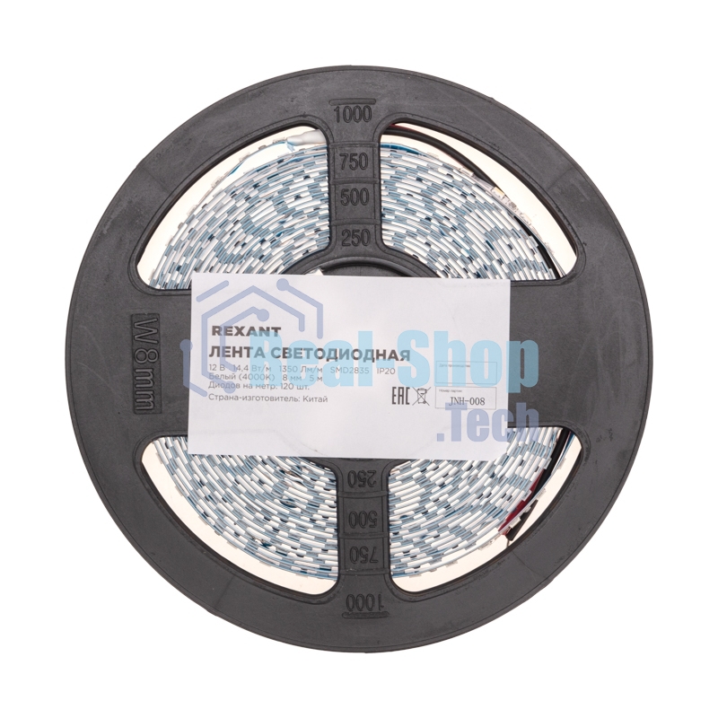 Лента светодиодная Rexant 12В, SMD2835, 14,4Вт/м, 120 LED/м, 4000K, 8мм, 5м, IP20