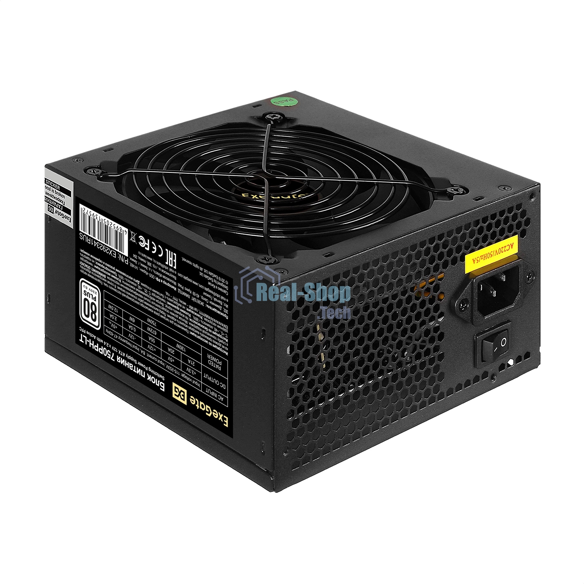 Блок питания 750W ExeGate 80 PLUS 750PPH-LT-S (ATX, APFC, SC, КПД 82% (80 PLUS), 12cm fan, 24pin, 2x(4+4)pin, 4xPCI-E, 8xSATA, 4xIDE, кабель 220V 1,8м с защитой от выдергивания, black, Color Box)