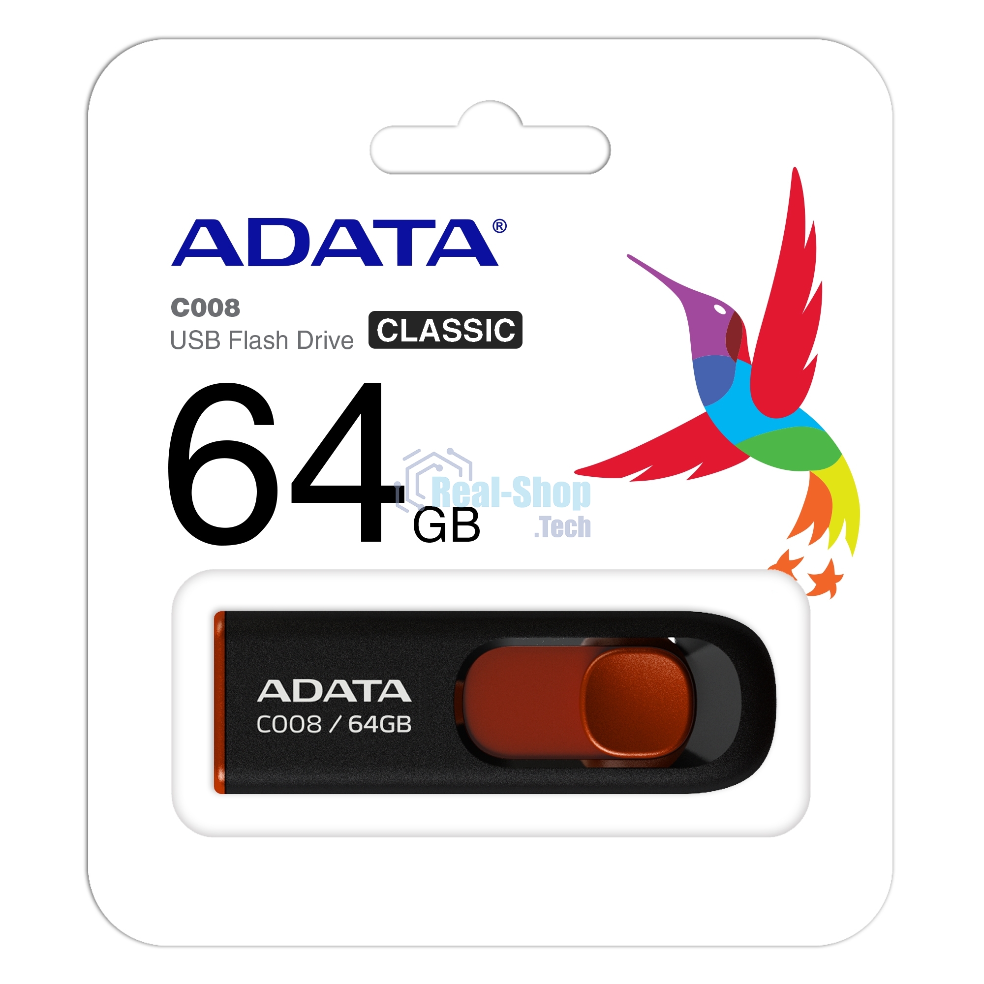 Флешка USB ADATA С008 (AC008-64G-RKD), 64Gb, USB 2.0, R/W 15/5, черный/красный
