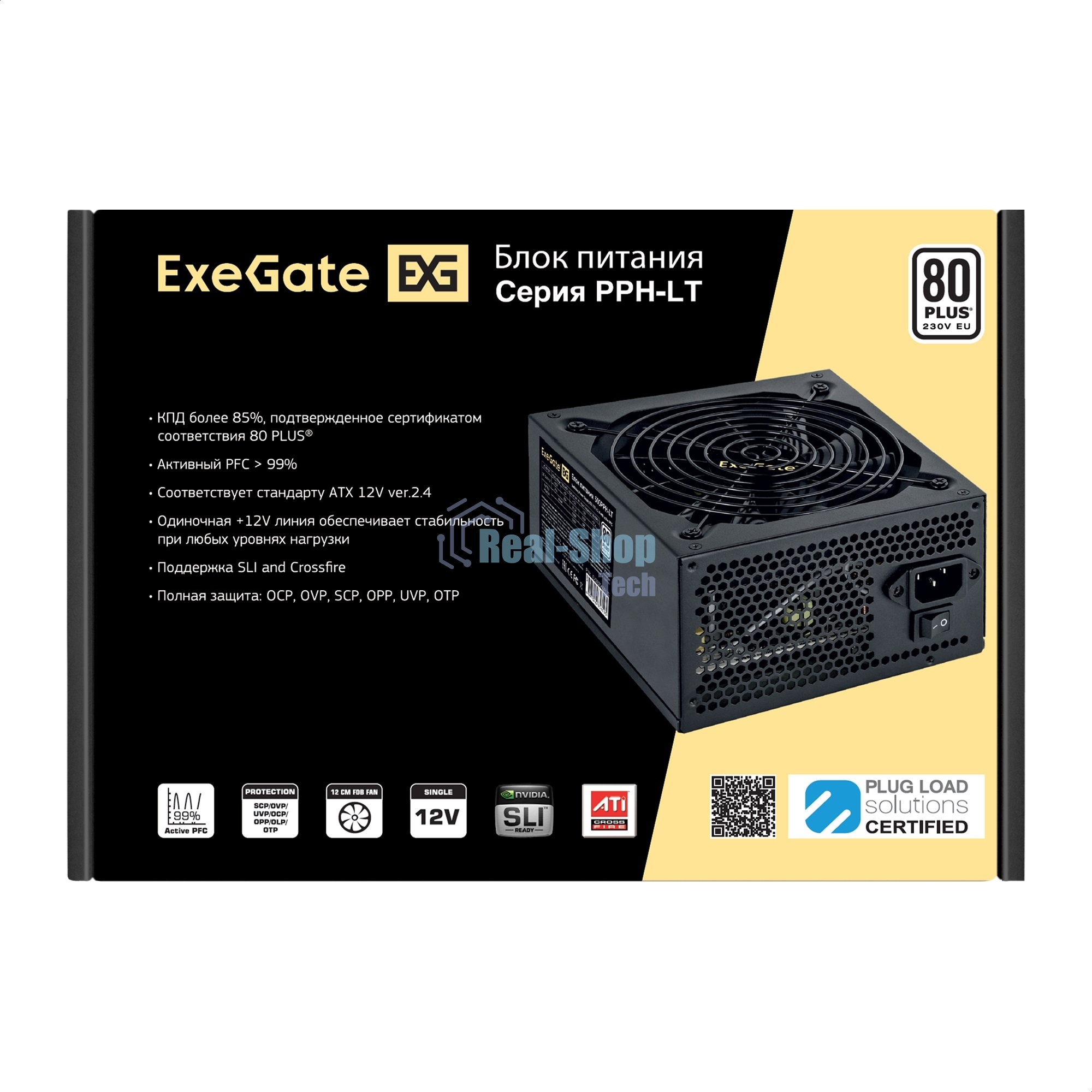 Блок питания 750W ExeGate 80 PLUS 750PPH-LT-S (ATX, APFC, SC, КПД 82% (80 PLUS), 12cm fan, 24pin, 2x(4+4)pin, 4xPCI-E, 8xSATA, 4xIDE, кабель 220V 1,8м с защитой от выдергивания, black, Color Box)