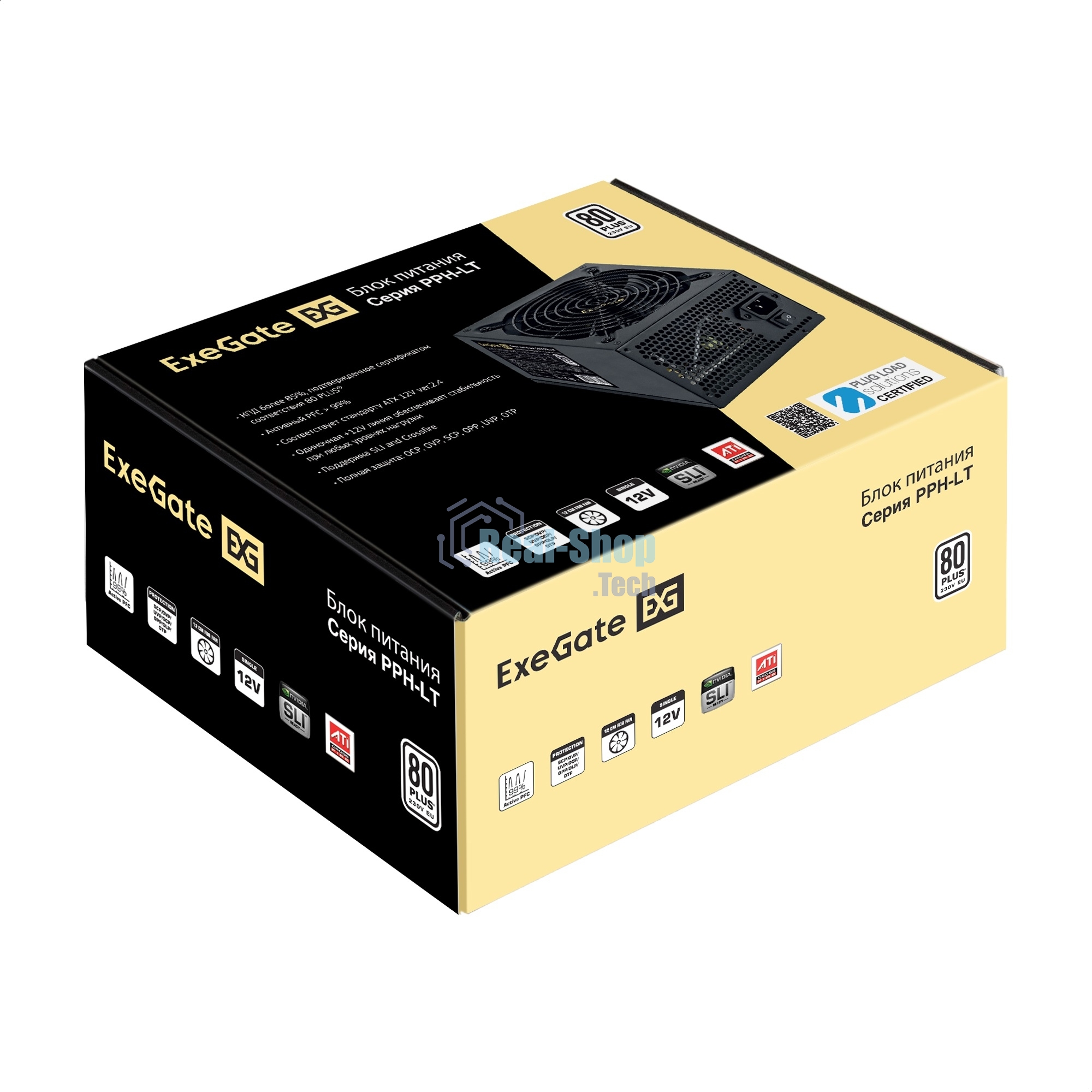 Блок питания 750W ExeGate 80 PLUS 750PPH-LT-S (ATX, APFC, SC, КПД 82% (80 PLUS), 12cm fan, 24pin, 2x(4+4)pin, 4xPCI-E, 8xSATA, 4xIDE, кабель 220V 1,8м с защитой от выдергивания, black, Color Box)