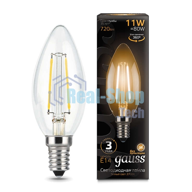 Лампа светодиодная Gauss LED Filament Свеча E14 11W 720lm 2700К 1/10/50
