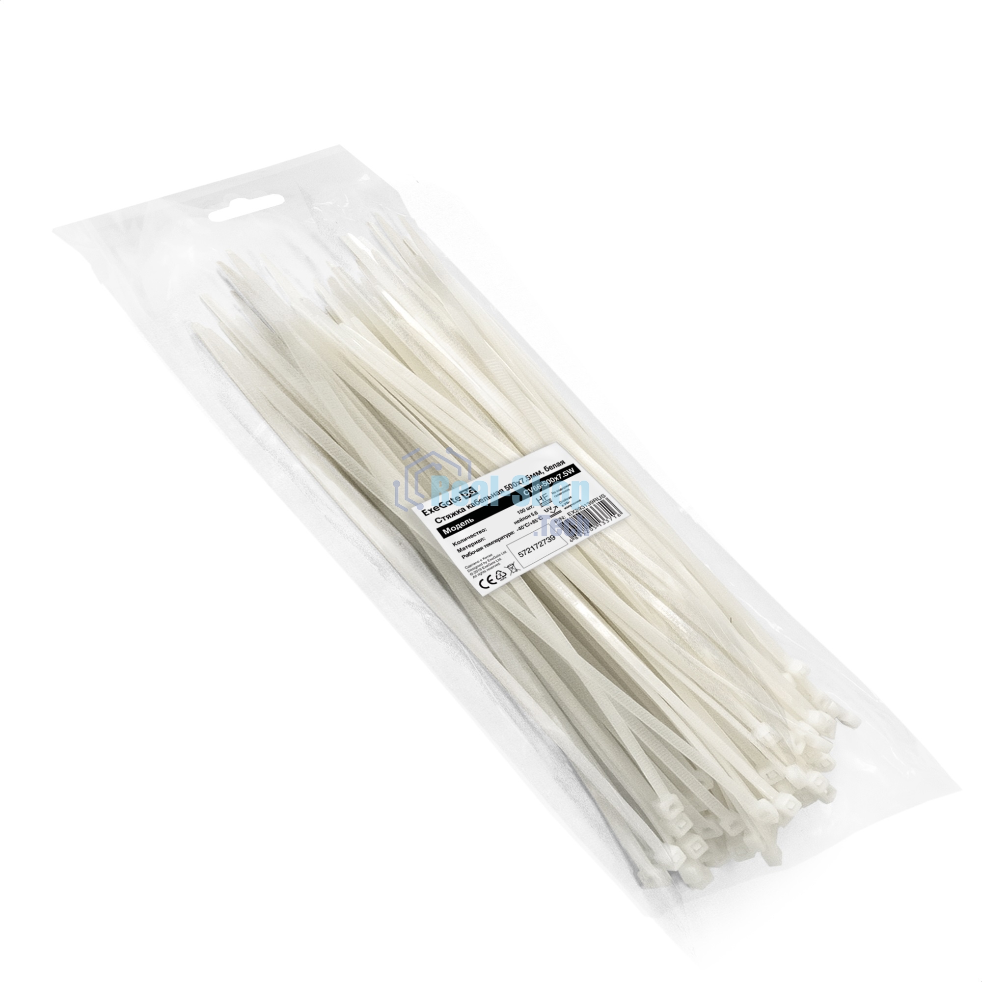 Стяжка (хомут) нейлоновая ExeGate EX293139RUS CV66-500x7.5W (нейлон 6.6, 500x7.5 мм, неоткрывающаяся, halogen free, -40°C - +85°C, белая, 100 шт)