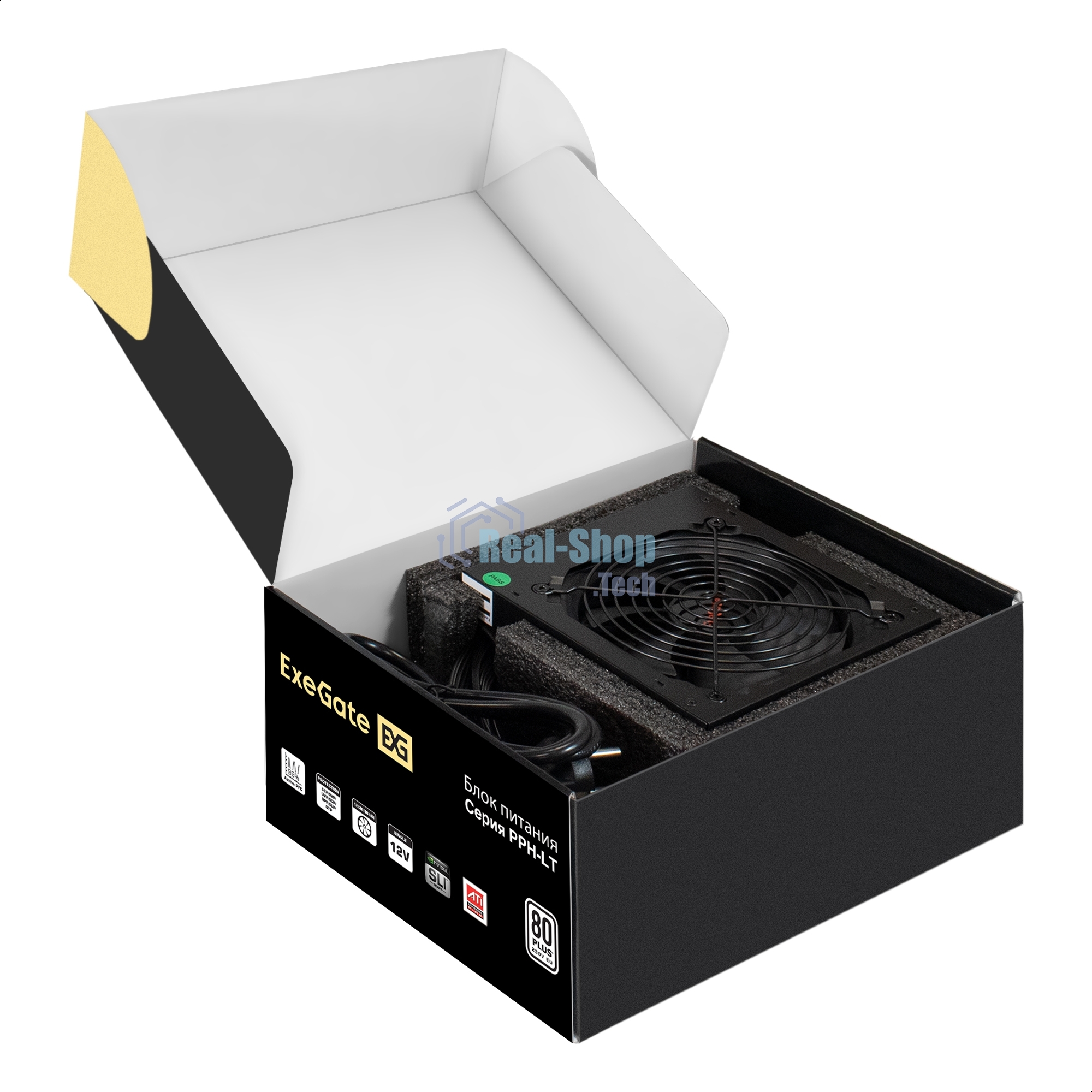 Блок питания 750W ExeGate 80 PLUS 750PPH-LT-S (ATX, APFC, SC, КПД 82% (80 PLUS), 12cm fan, 24pin, 2x(4+4)pin, 4xPCI-E, 8xSATA, 4xIDE, кабель 220V 1,8м с защитой от выдергивания, black, Color Box)