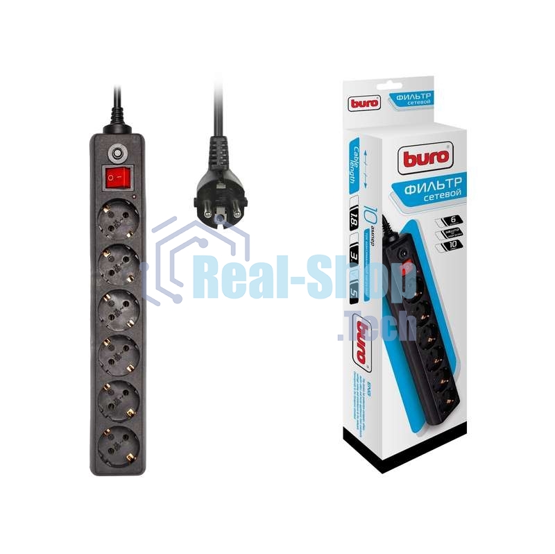 Сетевой фильтр BURO Сетевой фильтр, 6 розеток, 5 метра, (600SH-5-B), черный 992278