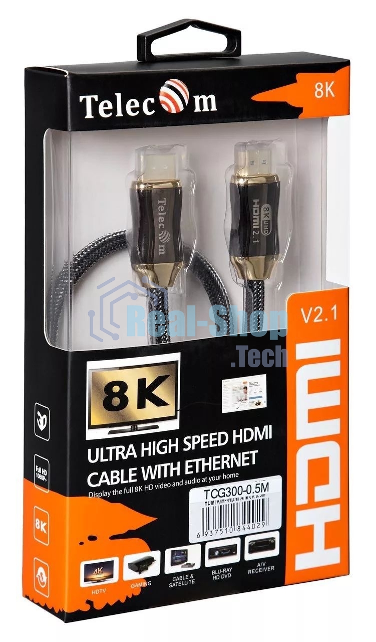 Кабель HDMI 19M/M,ver. 2.1, 8K@60 Hz 0.5m метал разъемы, нейлоновая оплетка Telecom TCG300-0.5M Кабель HDMI 19M/M,ver. 2.1, 8K@60 Hz 0.5m метал разъемы, нейлоновая оплетка Telecom