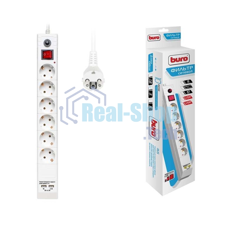 Удлинитель с сетевым фильтром 6х3 м с заземл. 10А IP20 BU-SP3 USB 2A-W CCA 3х0.75 белый BURO 992311