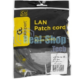 Патч-корд медный UTP Cablexpert PP10-2M/BK cat.5e, 2м, литой, многожильный, черный