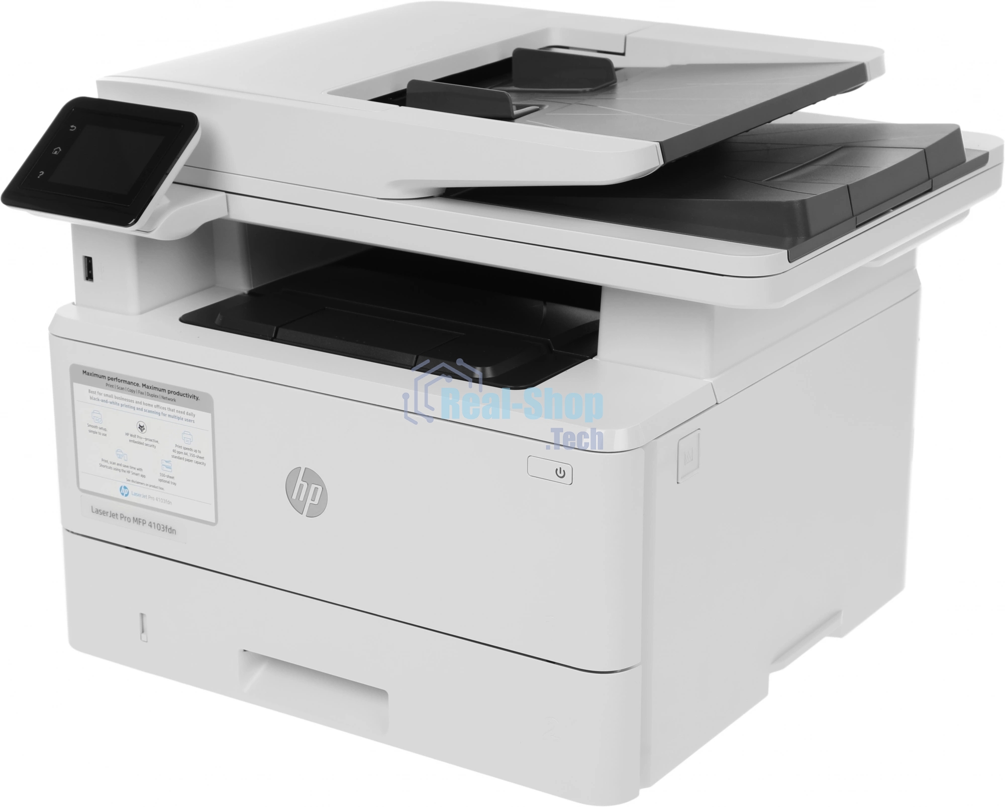МФУ лазерное HP LaserJet Pro 4103fdn (2Z628A), A4, ч/б, печ. до 40 стр/мин., скан. до 29 стр/мин. (ч/б) 20 стр/мин. (цвет), 1200 x 1200 dpi, USB, RJ-45, Air Print, Mopria
