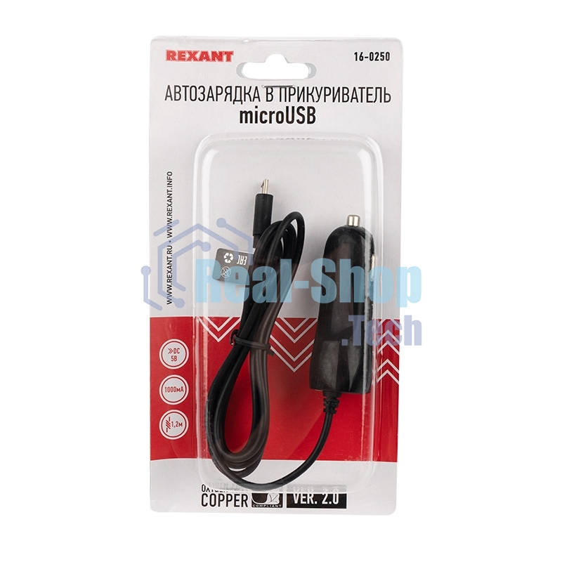 Автозарядка в прикуриватель Rexant microUSB (АЗУ) (5 V, 1000 mA) шнур спираль 1.2 м черный