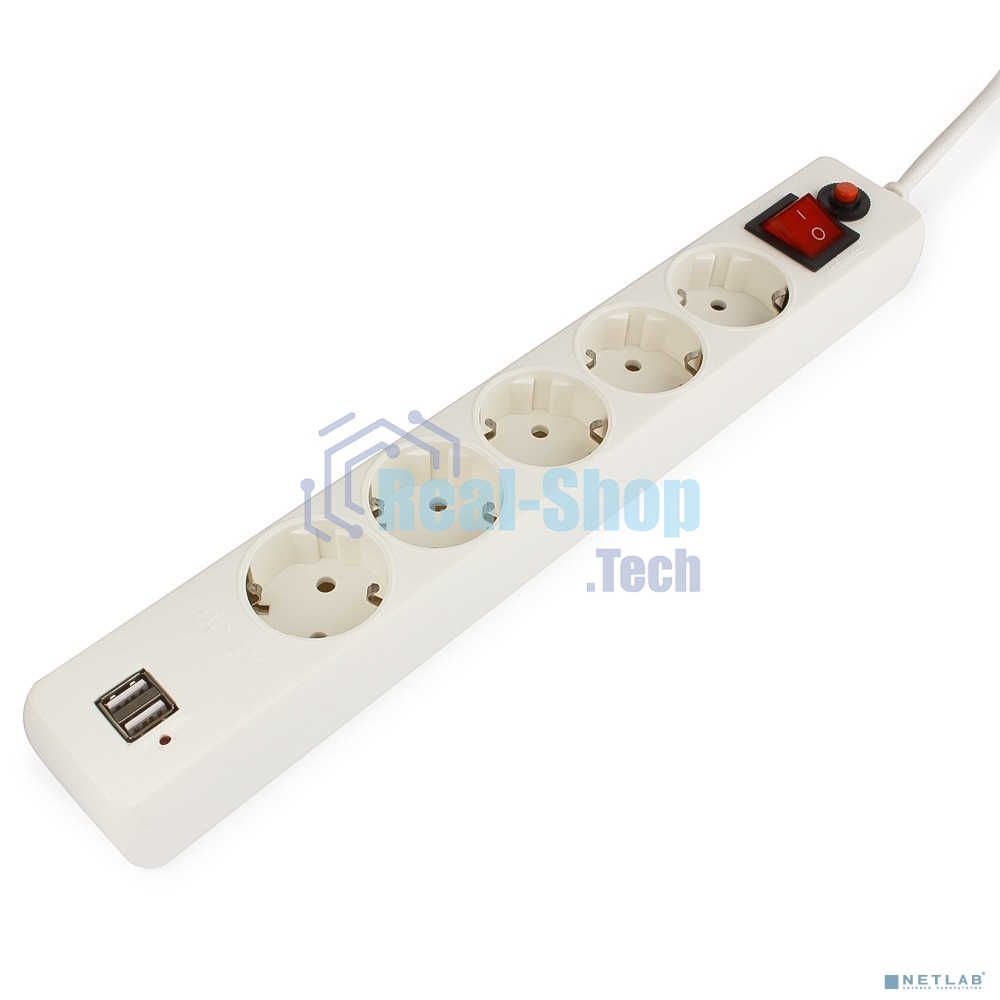 Сетевой фильтр Гарнизон 5 р, 10А, 2xUSB, 1.8 м, ур.защиты 4, белый, пакет