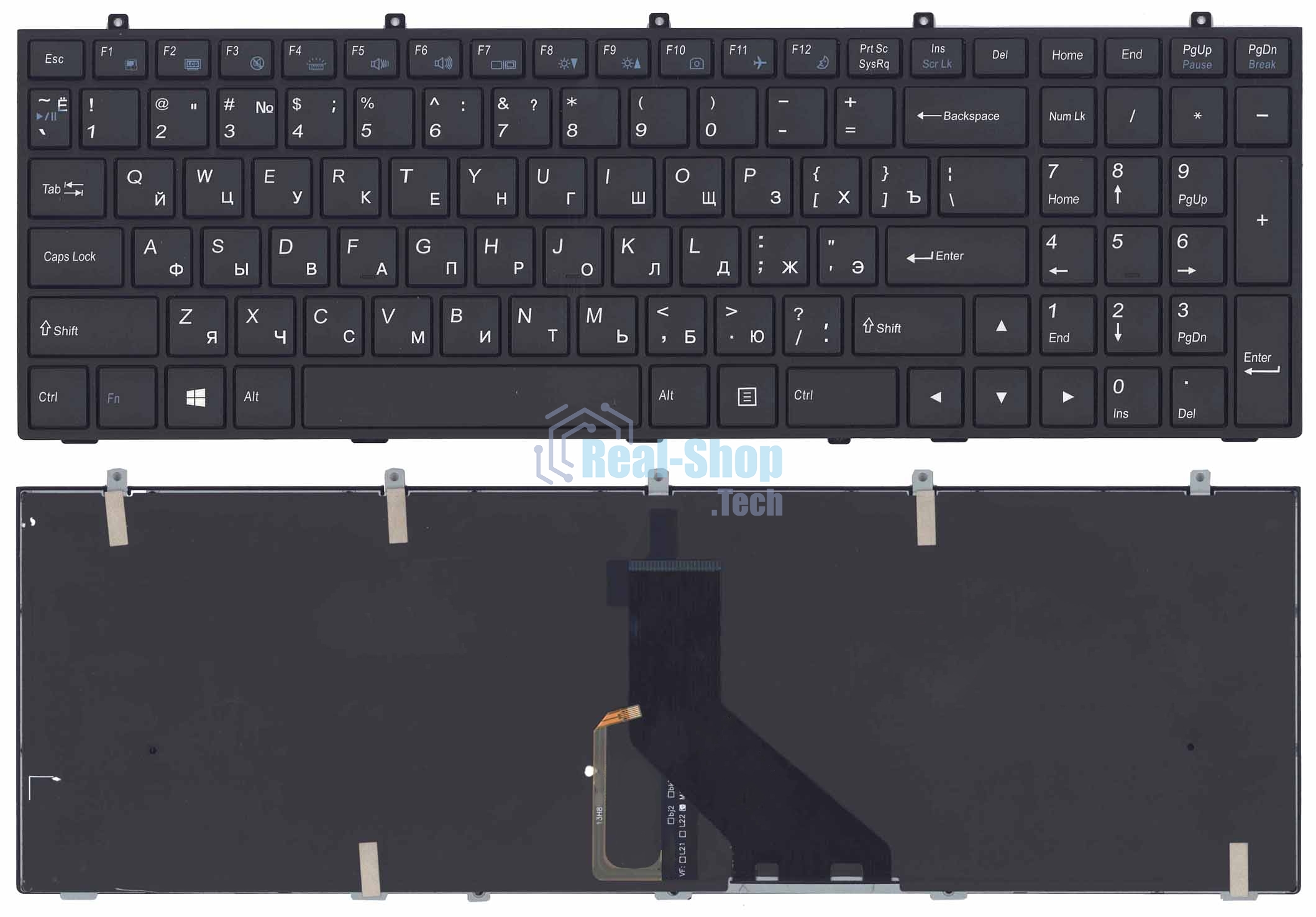 Клавиатура для ноутбука DNS Clevo W350 w370 черная c рамкой (плоский ENTER) подсветка