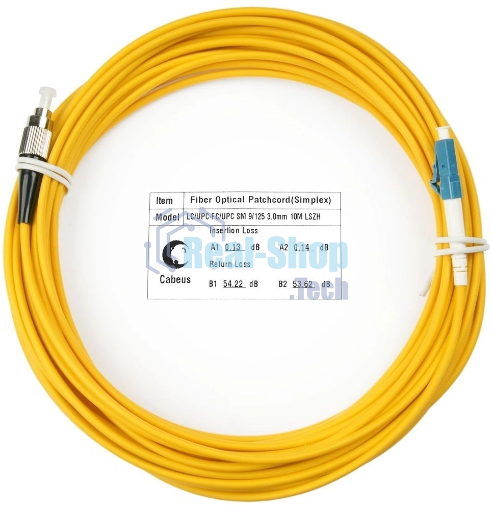 Патч-корд оптический Cabeus Tight Buffer, Simplex FC/LC, OS2 9/125, LSZH, 15м, Ø 3мм, синий хвостовик, жёлтый