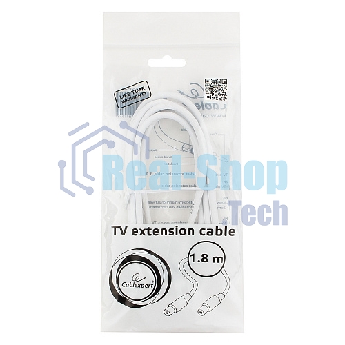 Кабель телевизионный Cablexpert CCV-515-W, Coaxial M/F, белый, 1.8м