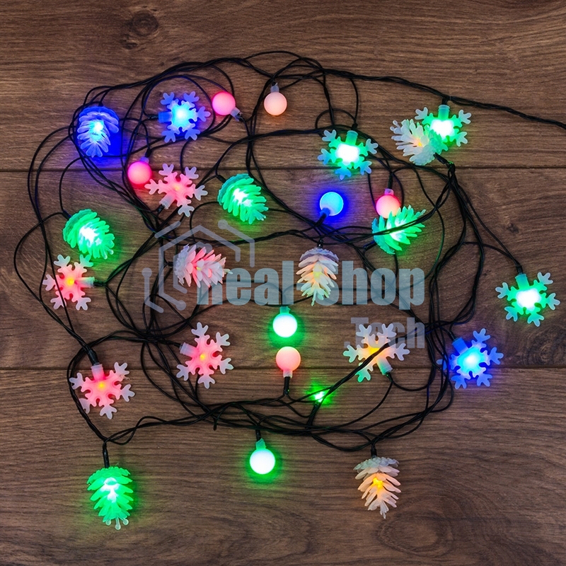 Гирлянда светодиодная универсальная с насадками (шарики, снежинки, елочки) 30 LED МУЛЬТИКОЛОР, 4,4 метра с контроллером