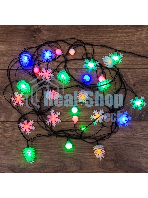 Гирлянда светодиодная универсальная с насадками (шарики, снежинки, елочки) 30 LED МУЛЬТИКОЛОР, 4,4 метра с контроллером