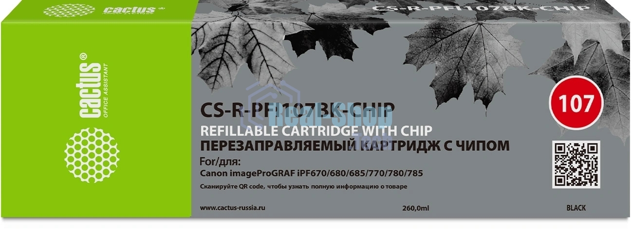 Картридж перезаправляемый струйный Cactus CS-R-PFI107BK-CHIP (260мл) для Canon imageProGRAF iPF670/680/685/770/780/785 с чипом