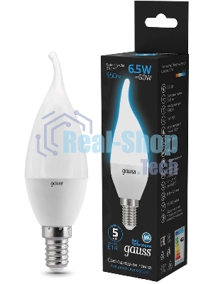 Лампа светодиодная Gauss 104101307 6.5Вт цок.: E14 свеча 220B 6500K св. свеч. бел. хол. (упак.: 10 шт)