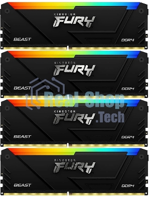 Оперативная память Kingston Fury Beast, DDR4, 32GB (4x8GB), 3200MHz, CL16, DIMM, с радиатором, RGB, черный