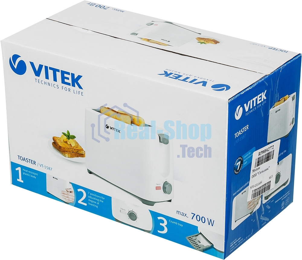 Тостер Vitek VT-1587 белый, 700 Вт, 2 слота