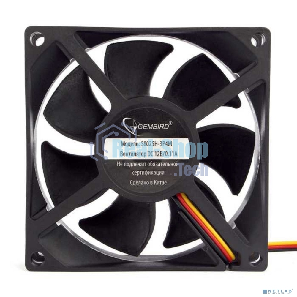 Вентилятор для корпуса Gembird 80x80x25, гидрод., тихий, 3 pin/4pin Molex, провод 30 см